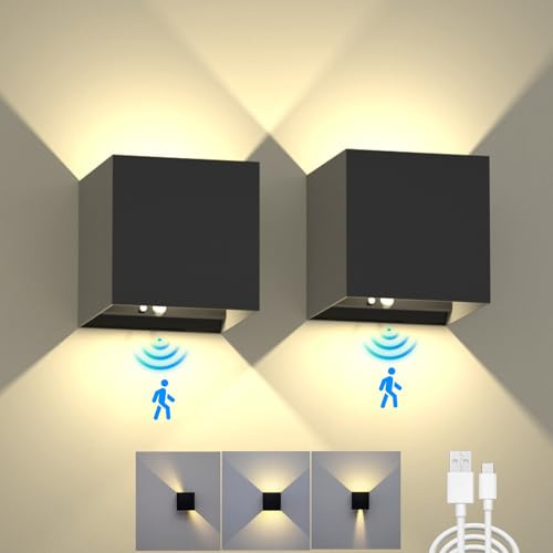 KwatTsz 2Pcs Motion Sensor Wall Lights, LED Up Down Wall Lamp, Modern Indoor Outdoor Dimmable Wall Lamp, 6000mAh Rechargeable Battery Wall Sconces for Decoration, Yard, Bedroom, Hallway, Corridor
