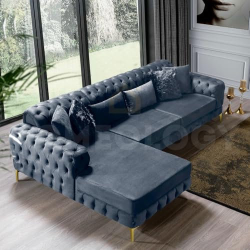 Snooze Luxury Chesterfield Seater Plush Velvet L-Shaped Corner Sofa – Deep Button-Tufted Design with Elegant Gold Metal Legs – Chaise Lounge Couch (Steel plush, 5 Seater (Left Hand side))