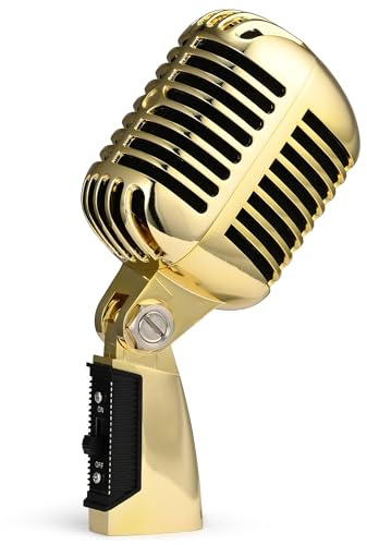 Retro Vintage Microphone, Professional Dynamic Studio Recording Microphone for Singing, Vocal Cardioid Mic for Karaoke Theater Stage Live Gigs, Metal Prop, XLR Cable Compatible (Gold)