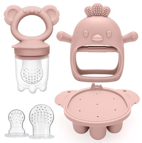 CLDY Tetine Grignoteuse Bébé, Sucette Fruit pour Bebe de 3-24 Mois, Livré avec 3 Tétines Fruit Silicone + Grignoteuse Mangeoire + Jouet de Dentition + Récipient Stockage Nourriture | Sans BPA (Rose)