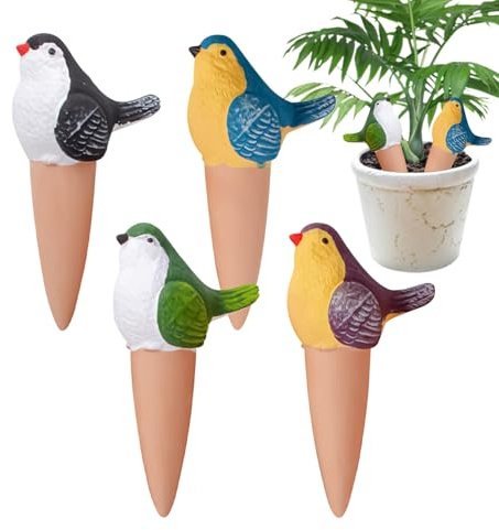 4 Stück Tonkegel Bewässerung, Bewässerungskugeln, Vogel Design, Automatische Pflanzenbewässerung Indoor Set, Bewässerungssystem, Pflanzen Selbstbewässerung Pfähle, Wasserspender für Topfpflanzen