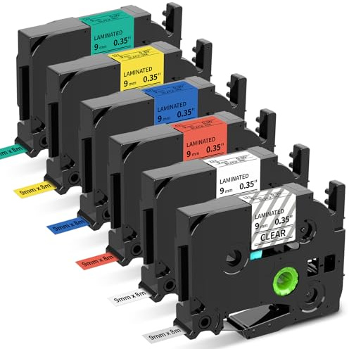 Upwinning Label Printer Tape 9mm, Black/White/Clear/Red/Blue/Yellow/Green | Compatible with Brother P Touch Label Tape 9mm x 8m, Compatible for Brother P-touch H110 E100 H100R 1010 Label Makers, 6Pk