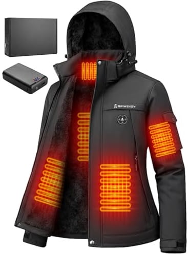 Brimekey Veste Chauffante Femme avec Doublé Polaire, Batterie 20000mAh, Manteau Chauffant Électrique 6 Zones de Chaleur - Imperméable, Coupe-Vent et Lavable pour Ski, Randonnée, Travail en Extérieur
