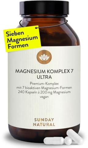 SUNDAY NATURAL® Magnesium Komplex – 240 Kapseln - 400mg pro Tag - aus 7 Verbindungen: Magnesium Bisglycinat, Citrat, Malat, Laktat, Ascorbat, Oxid, Lysinat - Vegan, laborgeprüft