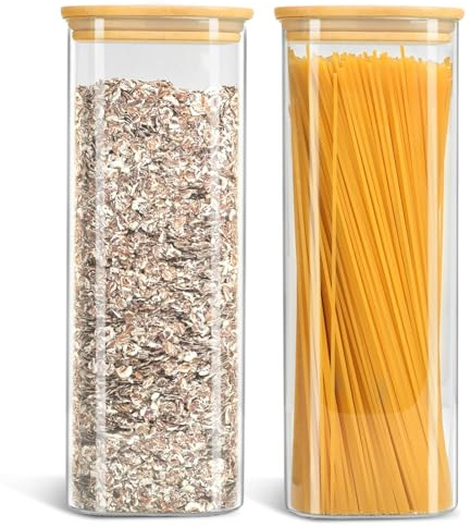 Withosent 2er Spaghetti Aufbewahrung Set, 2300ml Vorratsdosen Glas mit Holzdeckel Eckig, Vorratsgläser Glasbehälter, Aufbewahrungsgläser Küche für Nudeln, Müsli, Bohnen, Cornflakes