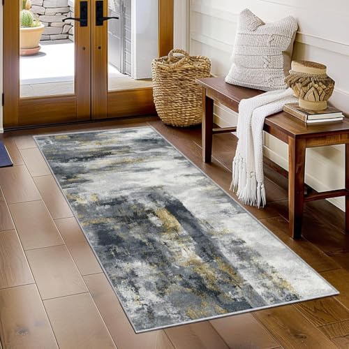 YEGRFJIS Industrial Teppich Flur Läufer Gold Grau Abstrakt Anthrazit Muster Extra Dünn rutschfest, Teppich Bettvorleger, Küchenläufer Waschbarer(70x180cm/Gold Grau)