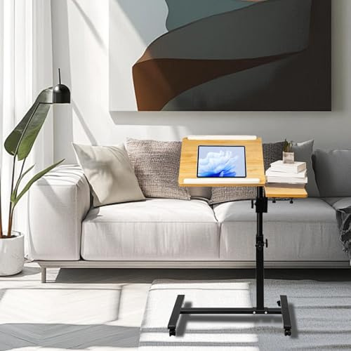 Table Ordinateur Portable Hauteur réglable XL Support avec 4 roulettes tablettes, Support de Lecture Roulant, Plateau Inclinable Pivotant à 360° (70 x 44 x 95 cm (Couleur Bois))