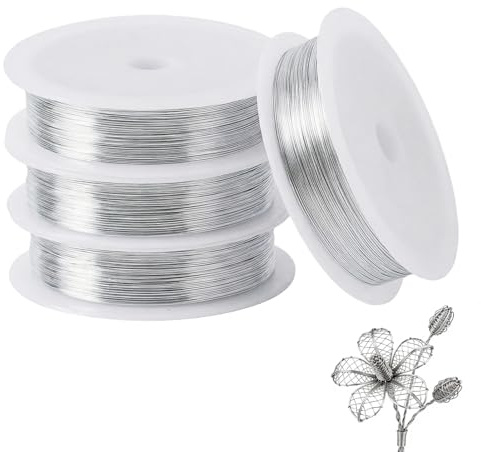 160 m 304 rostfri ståltråd, 4 rullar silvertråd 0,5 mm, böjlig tråd för pyssel, modellering, gör-det-själv, blomster, gör-det-själv smyckestillverkning med spole
