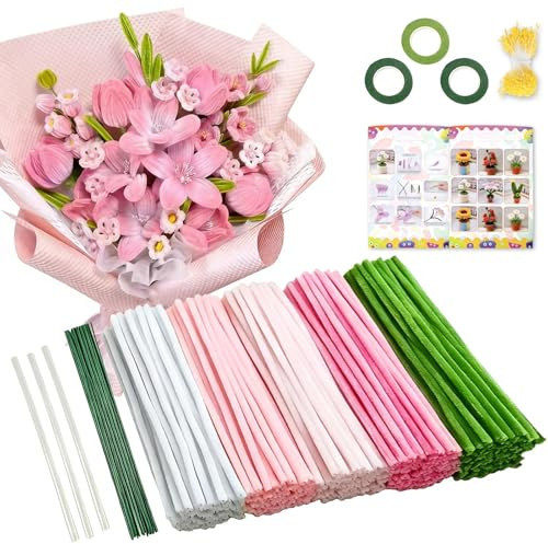 637 st rengöringsrör för blomkit, 500 färgglada chenillestjälkar för hantverksblommor, inklusive blomtråd, trädgårdsband, häftklamrar, limstänger och handbok