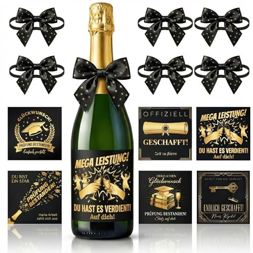 Prüfung Bestanden & Abschluss Geschenk Flaschenetiketten | Graduation Deko Set: Blickdichte Flaschenaufkleber & Schleifen. Ideales Sekt Geschenk für Master Abschluss & Ausbildung