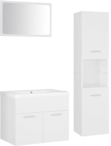 Qnhdfrt Badmöbel-Set Weiß Holzwerkstoff Waschtisch 60 cm mit Keramik-Waschbecken, Hochschrank 30 x 130 cm, Spiegel 60 x 37 cm, Modernes Design für kleine Bäder, Badmöbel komplett