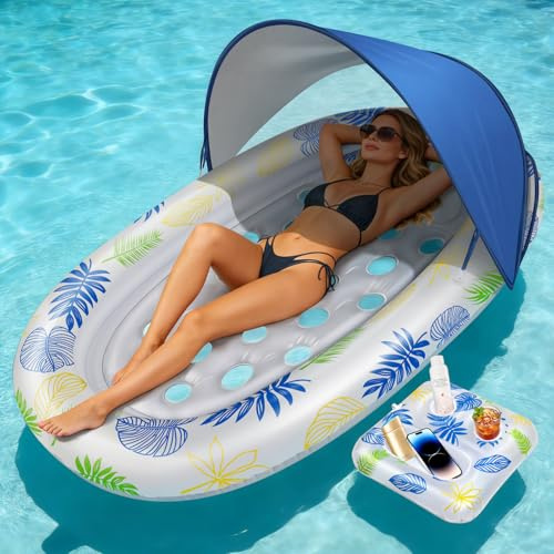 JONRRYIN Flotador Inflable Piscina, Flotador Inflable de Bronceado para Adultos con Toldo Desmontable e Iluminación, Colchoneta Hinchable Piscina para Playa Fiestas Verano