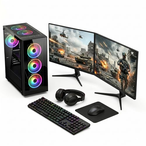 High-Performance i7 Gaming PC Tower with Dual 22 Monitors | RTX 3050, 16GB RAM, 256GB SSD + 1TB HDD | Complete RGB Desktop Bundle, WiFi, Windows 11