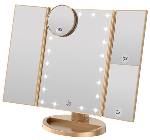 WEILY Schminkspiegel mit 2X/ 3X Vergrößerungund 21 LED Leuchten, Dual Power Supply Touchscreen Schalter (Golden)