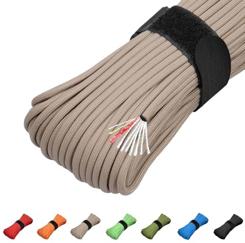 Survival Paracord 550 Fire Paracord Survivor Nlyon Rope Cord 10 Strands US Military Type III 550 Parachute Cord with Integrated Fishing Line, Fire-Starter Tinder 4 in 1(Khaki)