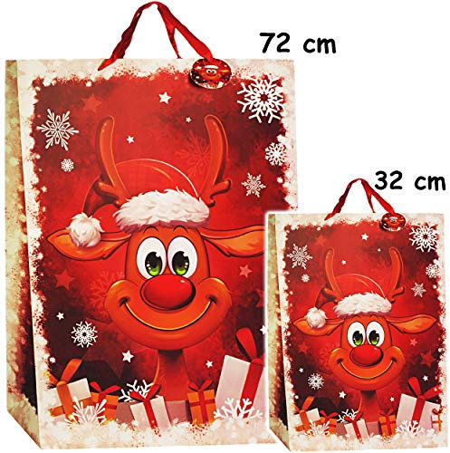 alles-meine.de GmbH 2 Stück große - Geschenktaschen/Geschenkbeutel - Weihnachten - lustiges Rentier Groß - 32 cm ! Weihnachtstüten - Geschenktüten/Geschenkverpackun..