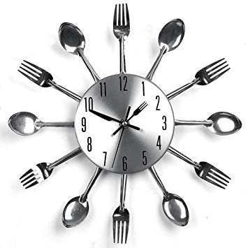 Hua Express Kitchen Wall Clock 3D Modern Creative Kitchen Cutlery Spoon Fork Timelike Wall Clock Wall Sticker Room Home Decoration (Colorful) (silver)