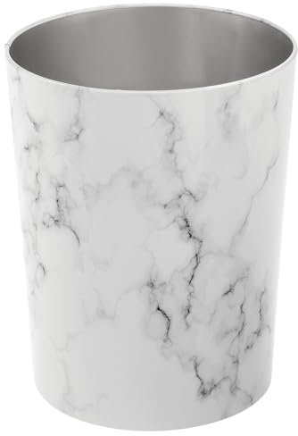 mDesign Round Metal Small 1.7 Gallon Recycle Trash Can Wastebasket, Garbage Container Bin for Bathrooms, Kitchen, Bedroom, Home Office - Durable Stainless Steel - Mirri Collection - White Marble