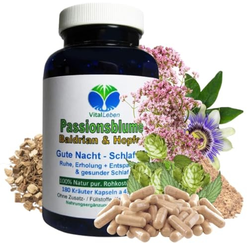 Gute Nacht SCHLAF gut natürliche Einschlafhilfe 180 Kapseln - BALDRIAN HOPFEN PASSIONSBLUME - besser schlafen einschlafen durchschlafen gesunde erholsame Nachtruhe. OHNE Zusatzstoffe. 26690-180