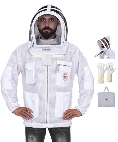 Bee Proof Beekeeping Jacket with Veil 3-Layer Ultra Ventilated Veil Fencing YKK Zippers Full Protection Suit Carrying Bag (BP-301-White)-L