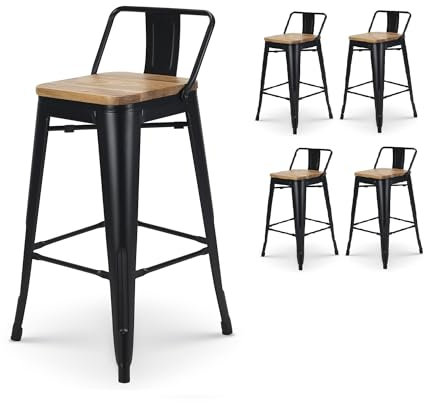Kosmi - Conjunto de 4 taburetes de Bar Estilo Industrial de Metal Negro Mate con Respaldo y Asiento de Madera Clara - Altura 66cm