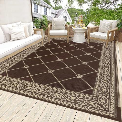 HiiARug Wendbarer Outdoor-Teppich, 152x223 cm, Kunststoff, Stroh, Terrassenteppich, Wohnmobil, Camping, wendbare Matten und Teppich für Wohnmobil, Terrasse, Hinterhof, Deck, Anhänger, Camping (braun)