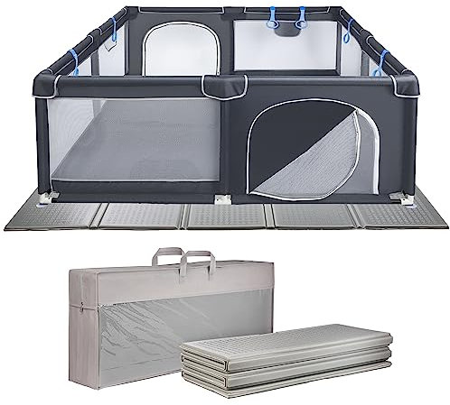 ONVAYA® Laufgitter mit faltbarer Spielmatte | Laufstall für Babys | 160 x 160 cm | Schutzgitter für Kinder | Rechteckiges Krabbelgitter | Absperrgitter | Babyzaun in Grau | sicher & schadstofffrei