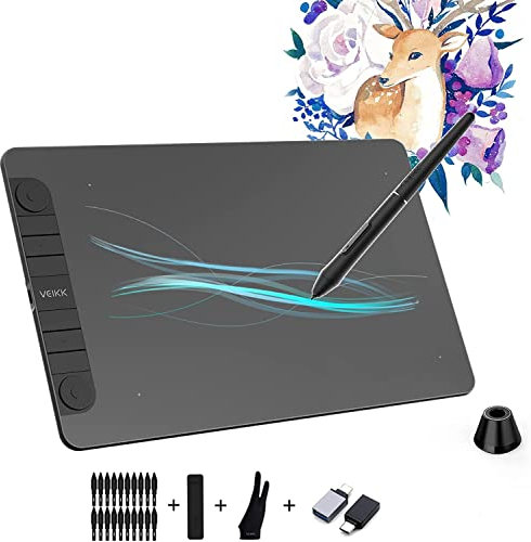 Grafiktablett VEIKK VK1060PRO,10x6 Zoll Drawing Tablet with 8 Shortcut Keys,Doppeltes Einstellrad-Design 8192 Druckstufen Batterielosem Stift Kompatibel Windows/Mac OS/Android/Linux
