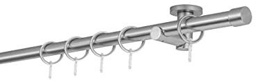 ondeco Gardinenstange auf Maß 20mm Cap 1-lauf Vorhangstange Deckenträger 5,5cm Stilgarnitur mit Ringen für Vorhänge Edelstahl-Optik 280cm
