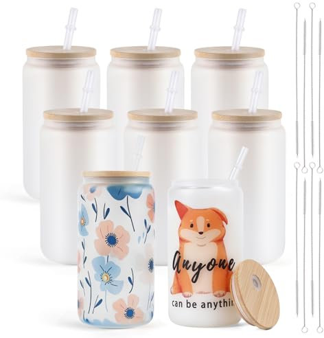 HTVRONT Sublimationsglasbecher, mattiert, 473 ml, Sublimationsglas mit Bambusdeckel, Sublimationsrohlinge für Malerei, Sublimation und HTV-Vinyl-Bastelarbeiten, 8 Stück