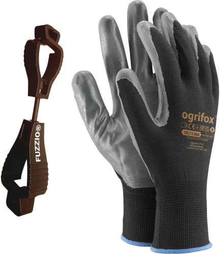 FUZZIO 24 Paar Ogrifox Nitril besichtet Arbeitshandschuhe Handschuh-Klammer (L-9, Schwarz)