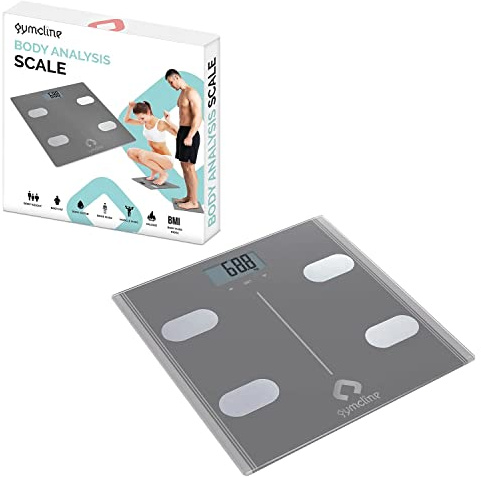 GYMCLINE Body Analysis Scale, Space Grey - Premium Smart Digital Bathroom Scales with BMI Report & Daily Calorie Intake Guide for Health Tracking