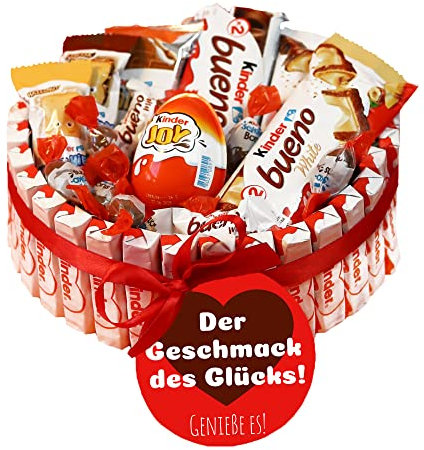 Onza. Cesta de Chocolates Tarta de chocolatinas que contiene Kinder Bueno, Chocobons, Kinder Joy, Happy Hippo. Regalo original para Cumpleaños.