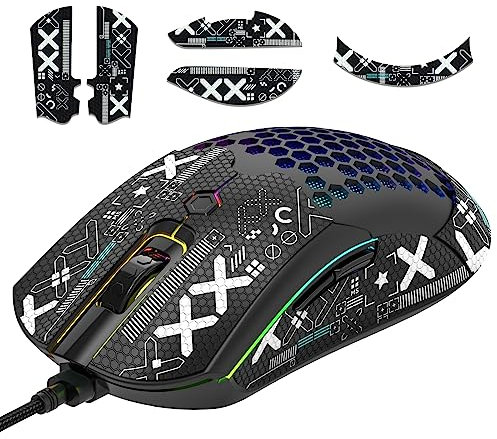 [Upgrade Kit] Lightweight Gaming Mouse with Mouse Grip Tape, PixArt PAW3325 12000DPI High Performance Super Light 65G USB RGB Programmable Gaming Mice, Anti-Slip Grip Tape for Sweat Resistant- Black