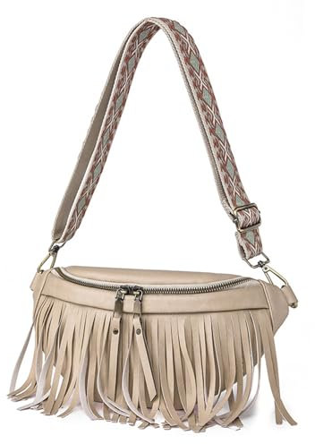 Bauchtasche aus Leder für Damen, Crossbody-Tasche mit abnehmbaren Fransen, modische Hüfttaschen, Beige, Medium, Boho