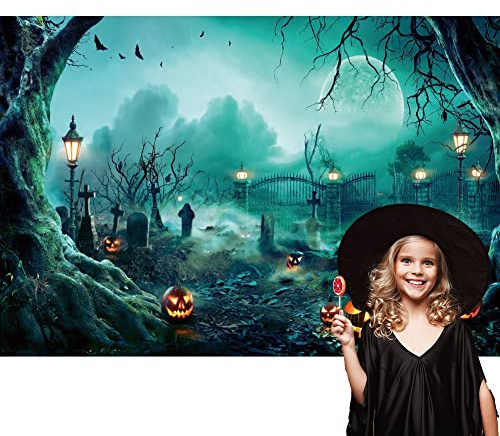Ttincceer 9x6ft Halloween Backdrop Horrible Desolate Cemetery Terror Pumpkin Moon Photography Background Dilapidated Iron Gate Tombstone Huge Dead Tree Photography Backdrop