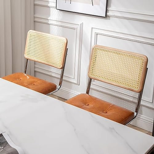 lirrebol Rattan-Esszimmerstühle, 2er-Set, Moderne Akzent-Rattan-Küchenstühle, armlose Korbstühle mit Netzrücken, gepolsterte PU-Lederstühle mit Metallbeinen für die Esszimmerküche, Orange