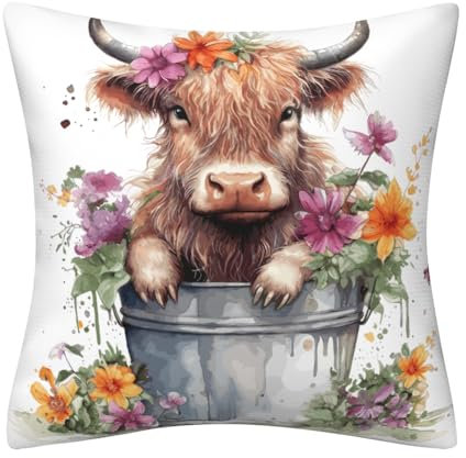 Highland Cow Gifts Kissenbezüge 45 x 45 cm, Baby Highland Kuh mit Blumen doppelseitige dekorative Kissenbezüge für Zuhause Sofa Bett Wohnzimmer Garten Outdoor Decor Kissenbezug 45,7 x 45,7 cm