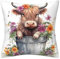 Highland Cow Gifts Kissenbezüge 45 x 45 cm, Baby Highland Kuh mit Blumen doppelseitige dekorative Kissenbezüge für Zuhause Sofa Bett Wohnzimmer Garten Outdoor Decor Kissenbezug 45,7 x 45,7 cm