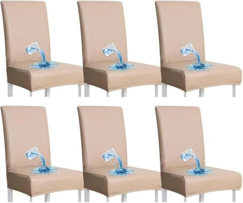 Bestenrose Stuhlhussen 6er/4er PU Leder Stuhlbezug wasserdichte Stretch Esszimmer Stuhlüberzug Stretch Stuhl Husse Universell Stuhlhussen Haus Büro Restaurant (Khakifarbe, 6-Stück)