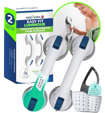 Easycare Suction Grab Rail Handles for Bathroom Set of 2 with Soap Holder | Mobility Aids for The Elderly and Disabled | Shower and Bathroom Grab Handles | Disability Aids and Equipment for The Home