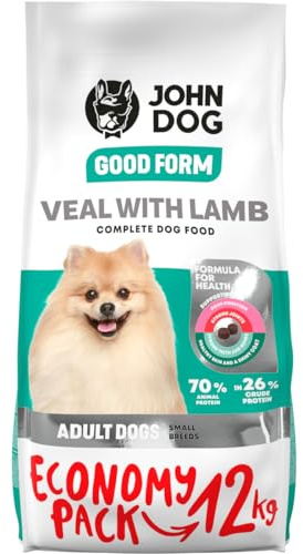 JOHN DOG Trockenfutter für Hunde Good Form Kalb mit Lamm - Getreidefrei und Geflügelfrei - Hundefutter für Erwachsene Hunde Mini- und kleine Rassen - 12kg