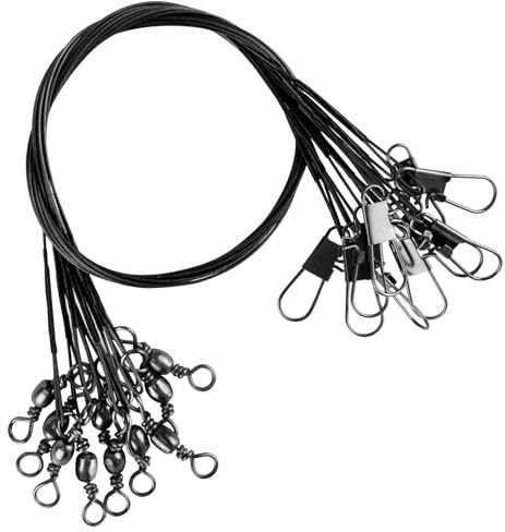 Alwonder 50-Pack Fishing Leaders, Fish Line Stainless Steel Wire with Swivels Snap, High-Strength 30LB Hi-Low Rig Fishing Wire Leader Fishing Tackle Gear Connector for Lures Baits Rigs Hooks Black 8IN