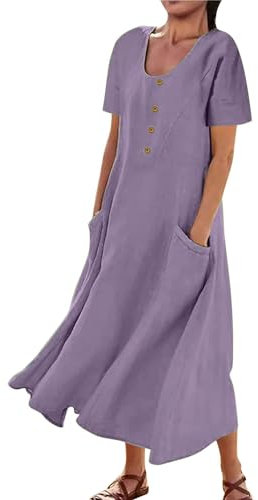 AUDATE Womens Summer Maxi Dress Cotton Short Sleeve Dress Linen Crewneck Casual Loose Long Beach Pocketed Dress Purple L