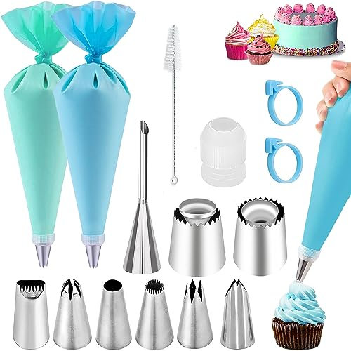 Tomuvpzn Spritzbeutel, Set 15 teilig mit 7 verschiedenen Edelstahl Spritztüllen, 2 Große Spritztüllen für Kekse und 2 Wiederverwendbarer Spritzbeutel 40cm Für Kuchen, Torten, Keksen Dekoration