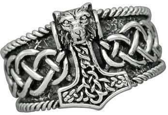 Treasure Bay 925 Silver Wolf Thors Hammer Mjolnir Viking Ring for Men Silver Norse Scandinavian Viking Punk Ring for Men (U)