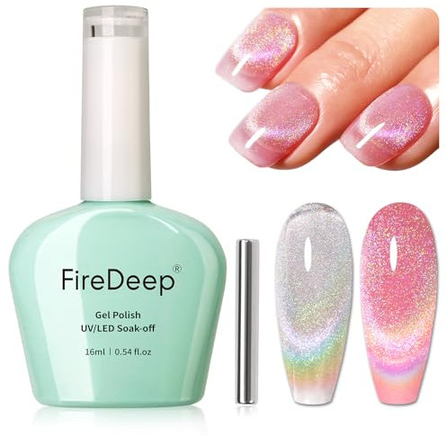 Firedeep Rainbow Glitter Cat Eye Gel Nail Polish 16ml Holographic Sparkle Colors Gel Nail Polish Kit with Magnet for Nail Art DIY Manicure and Pedicure at Home