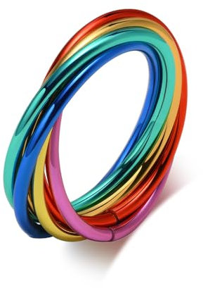 Dtja Statement-Ring mit 6 Farbtönen, verschlungener Crossover-Stil, modischer Bandring für Damen und Mädchen, LGBT Pride, Regenbogenfarben, bunt, chirurgischer Edelstahl, breiter Zeigefingerring,