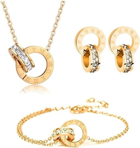 Hanaoops Jewellery Set for Women Necklace Bracelet and Earrings Set Double Circle Pendant Cubic Zirconia Round Interlocking Pendant Jewellery Gifts for Teen Girls Women