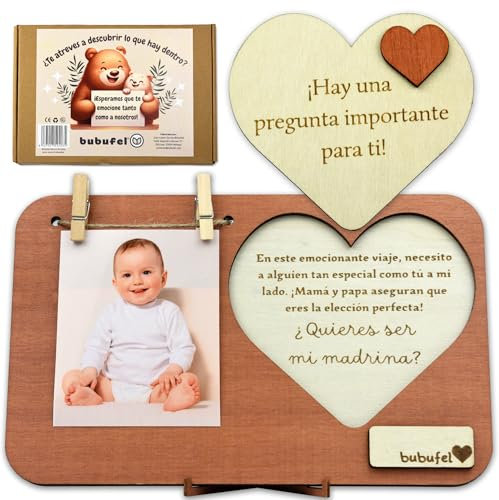 Bubufel ¿Quieres Ser Mi Madrina? | Padrinos bautizo propuesta | Regalo Original de Madrina | Marco de Fotos 24 x 15 cm | Espacio para Nota Personalizada